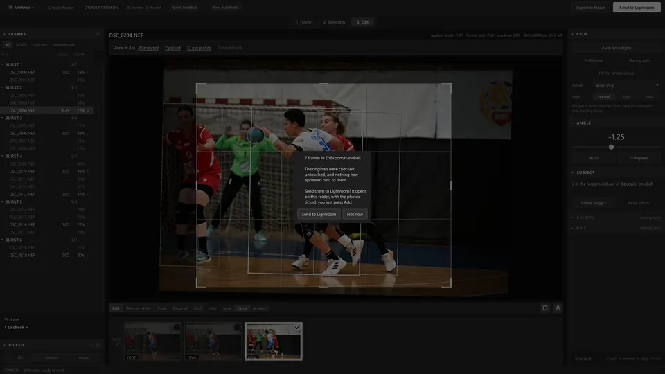 The Minkrop app: the end of an export, with the Send to Lightroom button