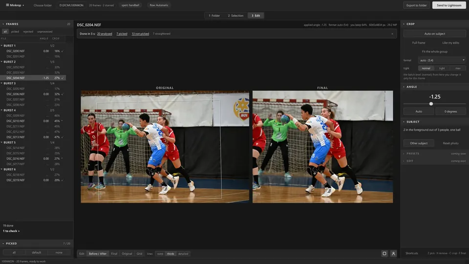 Before and After view: the original with the tilted crop outlined, next to the straightened and cropped result.