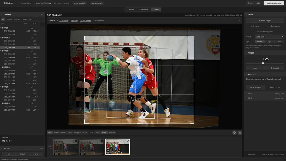 The Minkrop app: a handball frame with the thirds grid, the subject box and the straightening angle