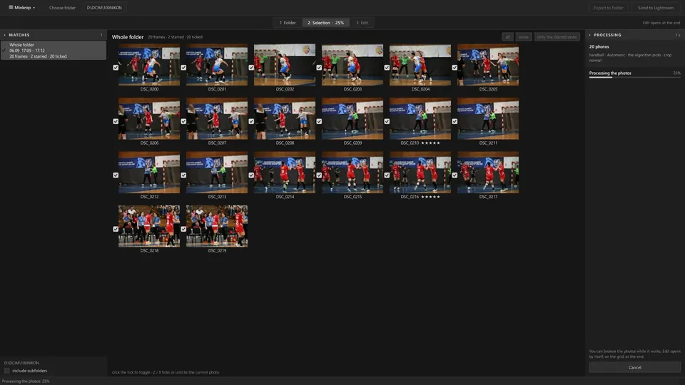 The Processing panel at 25 percent, with frames getting a check mark as they finish.