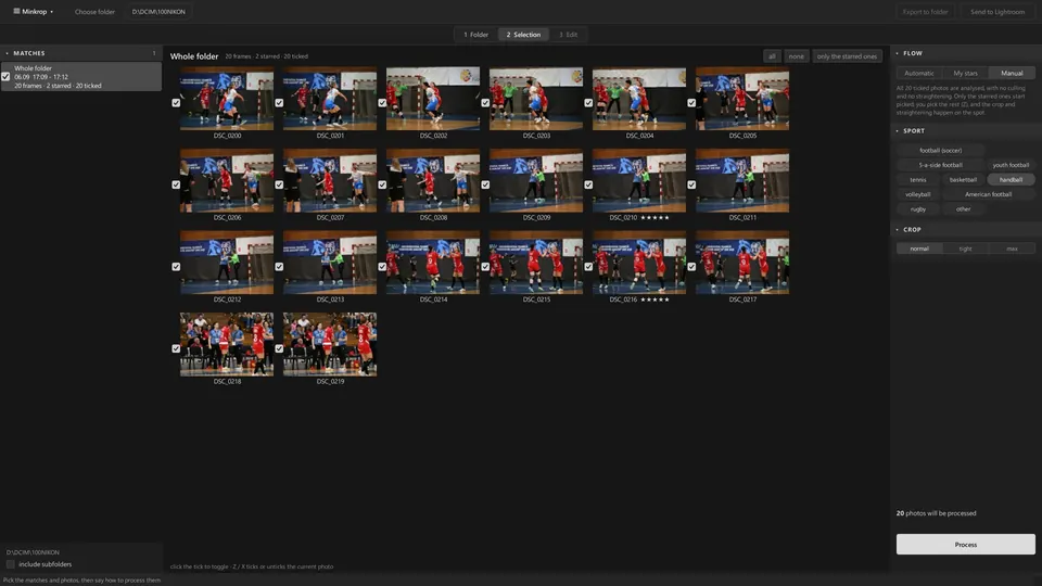 Minkrop's Selection step with the Manual flow: nothing is pre-selected, you pick in the editor.